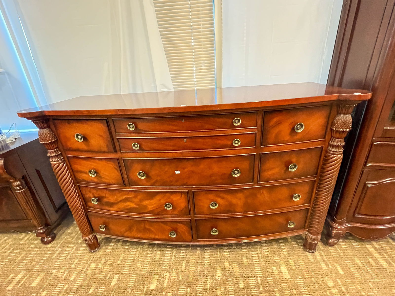 Mahogany Serpentine Dresser with Pineapple and Barley Twist Decorations (1 of 8)