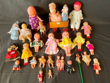 Large Lot of Celluloid Kewpies and Others along with a Toy Wagon