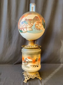 Very RARE oil Gone with the Wind Lamp Handpainted Winter Scene by Bradley & Hubbard