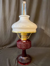 Aladdin Ruby Red Diamond Point Pressed Glass Oil Font Base Lamp with Shade