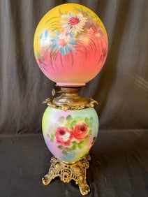 Floral Hand Painted Gone with the Wind Oil Lamp in Original Condition