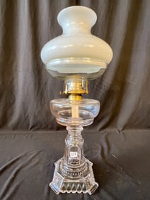 Pressed Glass Oil Lamp with Unusual Shade