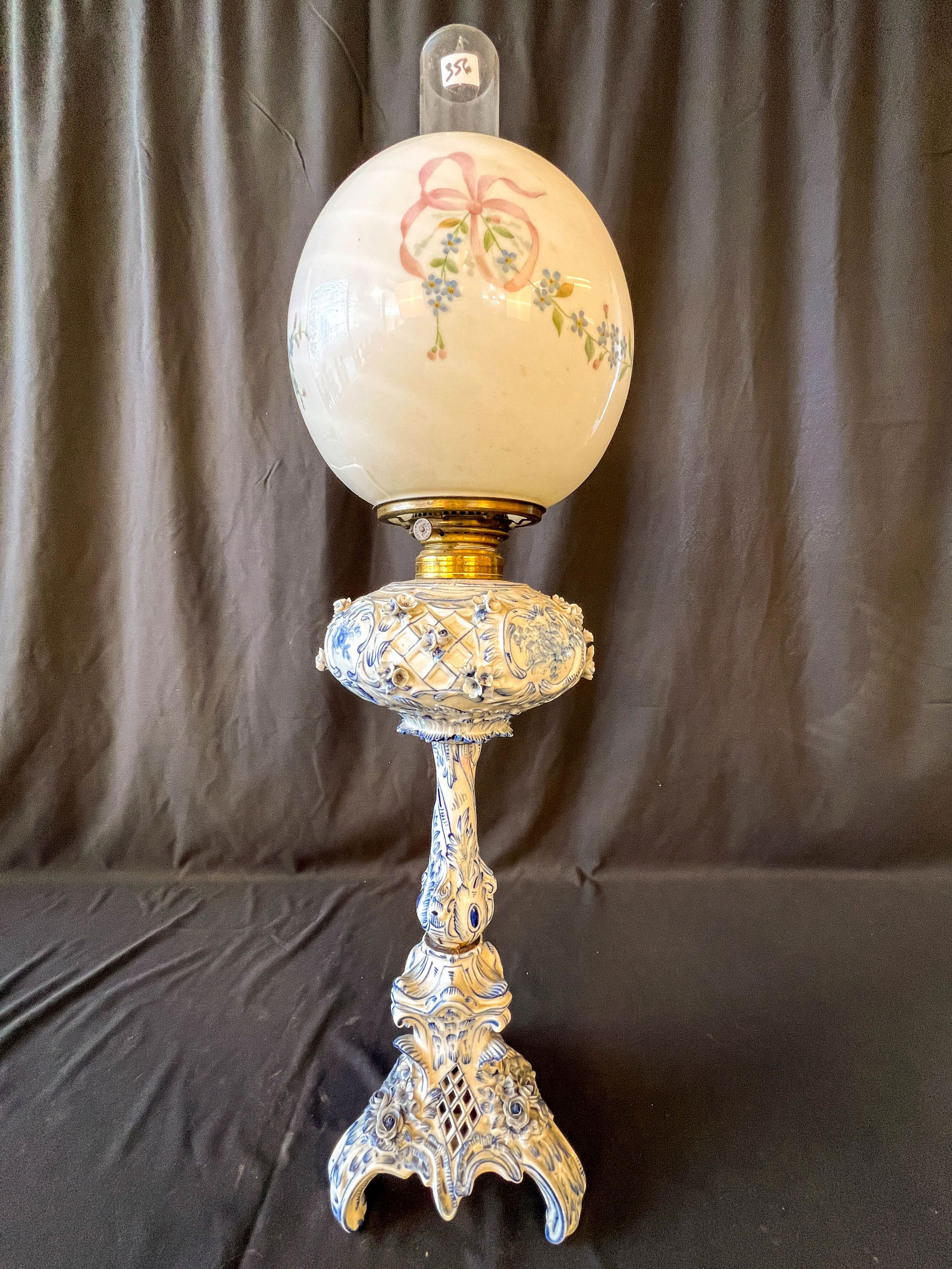 RARE Blue Meissen Oil Lamp with Ball Shade: RARE blue Meissen oil lamp with ball shade, damage noted. Measures 29" tall