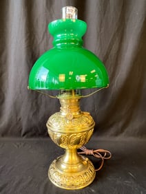 Green Cased Glass with Fancy Brass Base Electrified Oil Lamp
