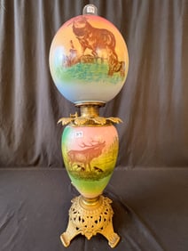 Oversized Gone with the Wind Banquet Lamp with Elk Base, Elk Fighting Wolves