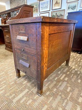 Oak Two-Drawer File Cabinet with Brass Feet with Original Hardware and Finish