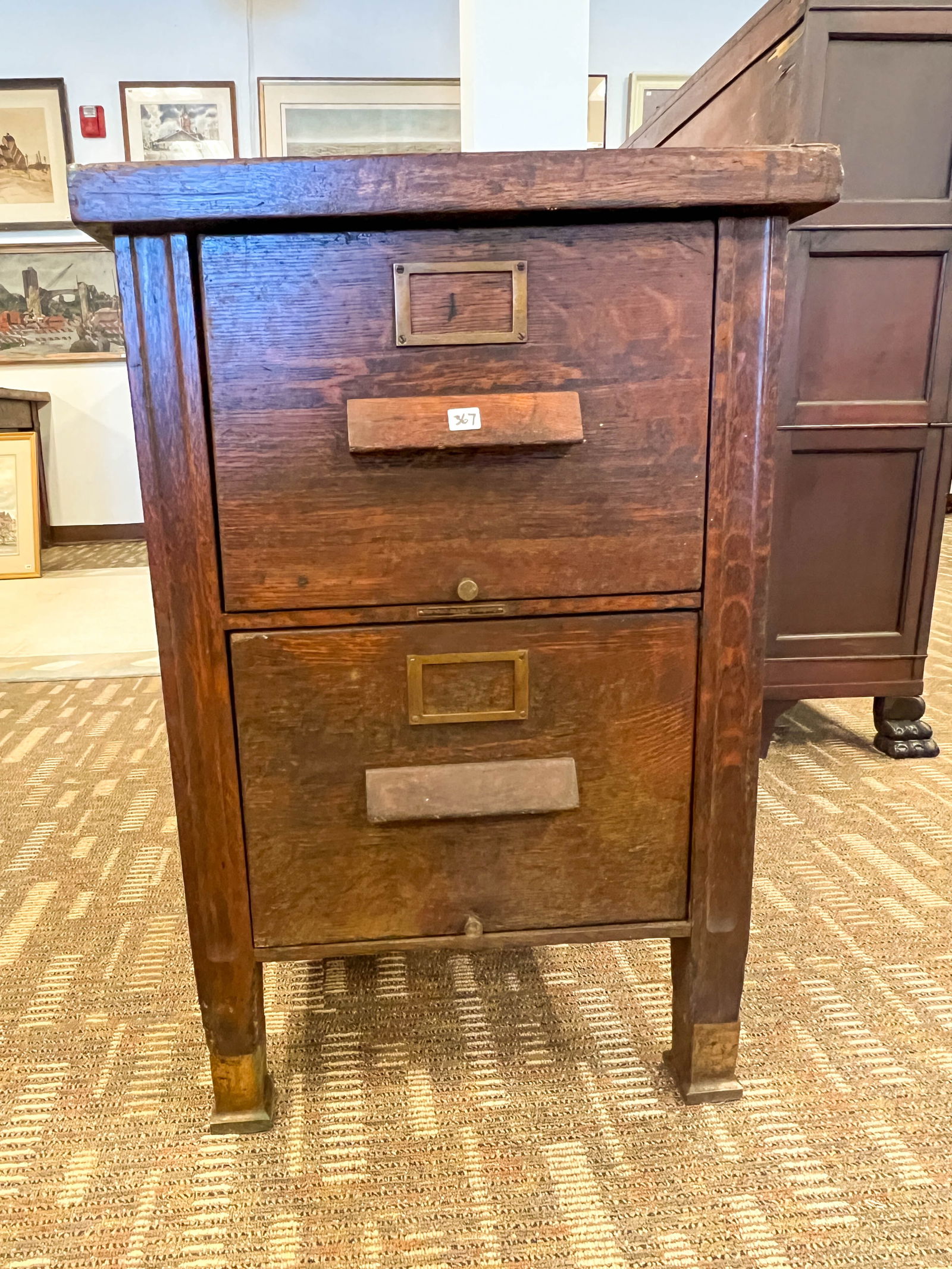 Oak Two-Drawer File Cabinet with Brass Feet with Original Hardware and Finish (1 of 5)