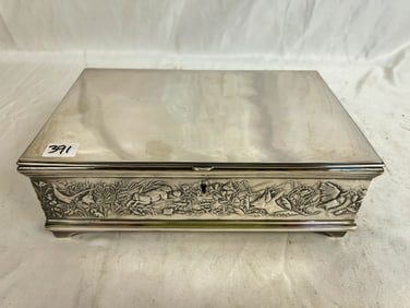 Single Lid Humidor Silverplate Elaborate Chased with Bunnies, Pheasant and Flora