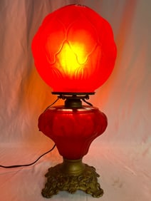A Rare Boudoir Sized Red Satin Glass Gone with the Wind Lamp
