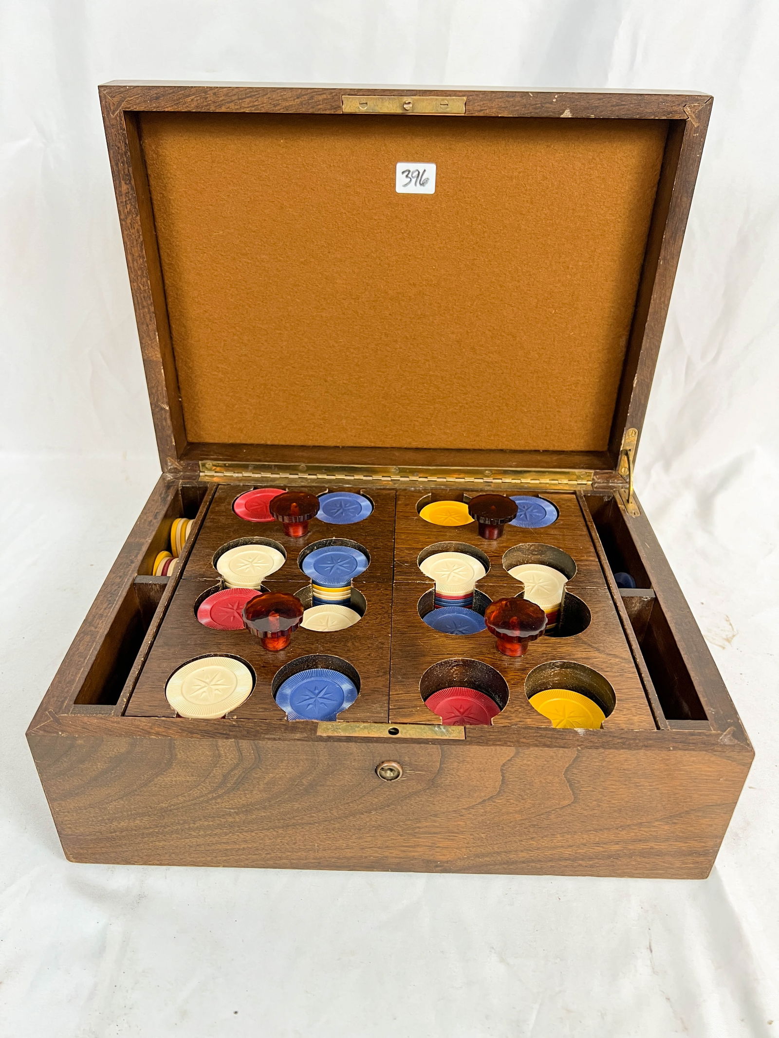 A Mahogany Cased Set of Poker Chips in Good Condition. 5" tall 12" across 9" deep (1 of 4)
