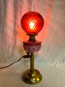 1880s Pink Cased Glass Font Oil Lamp Double Burner by Sherwood Cranberry Swirled