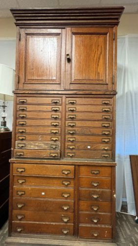 3-Section Oak Printers Cabinet with 28 Drawers and Cabinet Top