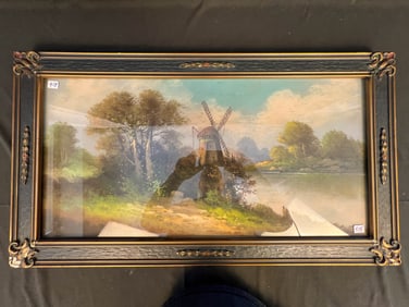 Turn of the Century Pastel of a Windmill Water Scene