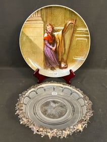 A Large Wall Charger Hand Painted by Copeland Spode, Cut Frosted Crystal Bowl