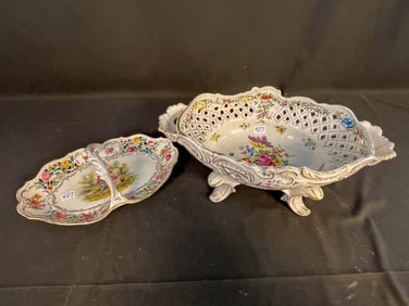 Dresden Footed and Handled Reticulated Center Bowl Floral Decorations Signed