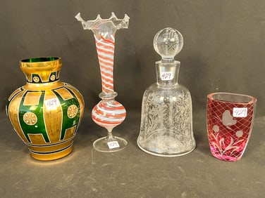 Group of Five Fancy Glassware to include Venetian Ruffled Edge Swirled Vase