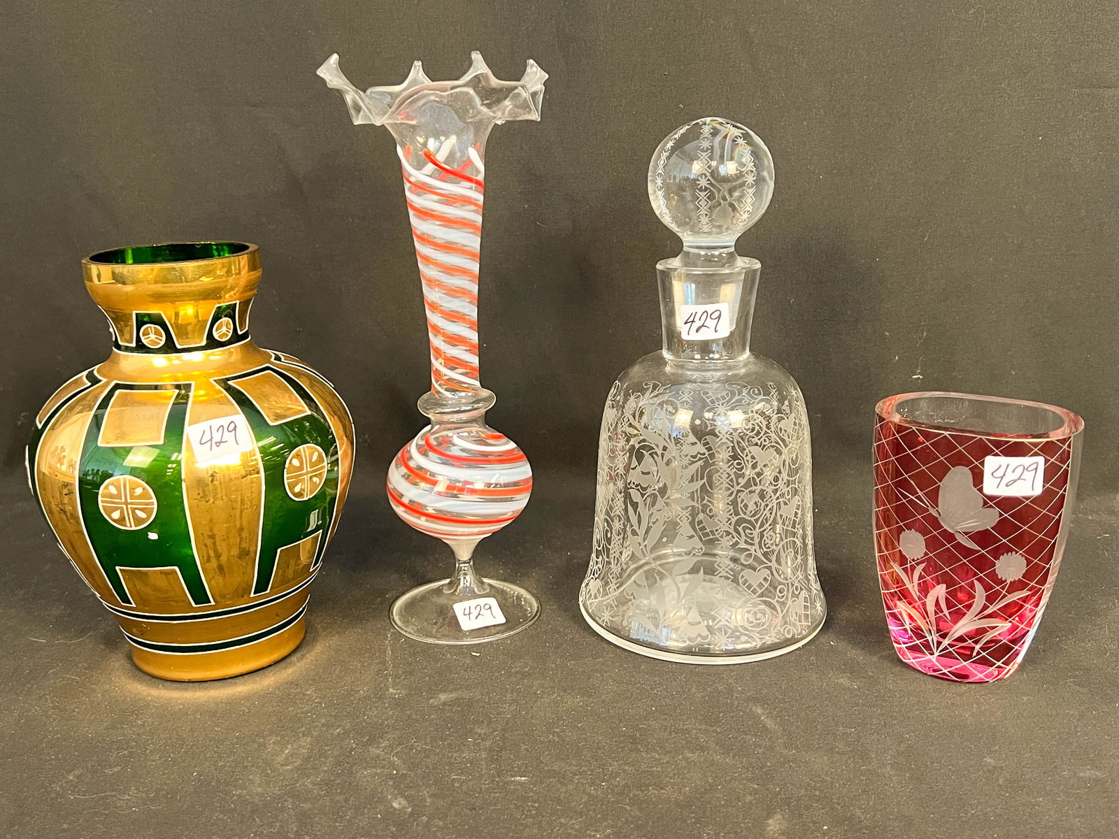 Group of Five Fancy Glassware to include Venetian Ruffled Edge Swirled Vase (1 of 3)
