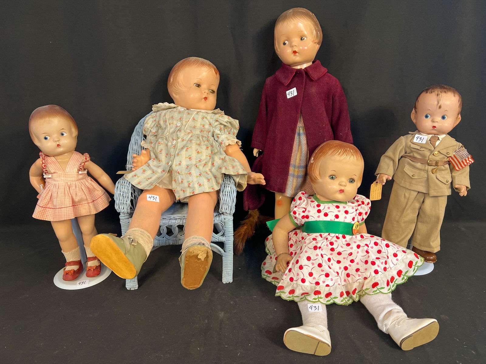 Five Antique Composition Dolls to include Male Doll in Uniform, Skippy Doll (1 of 6)