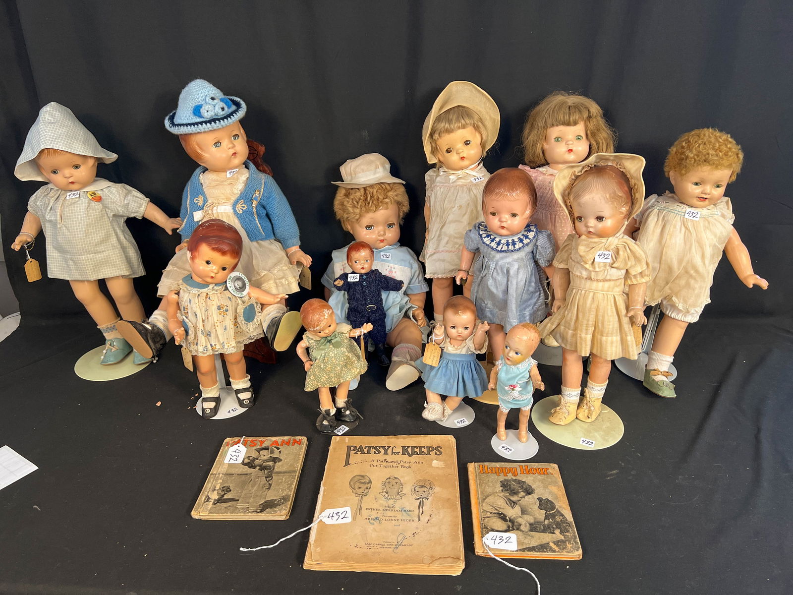 13 Effanbee Dolls and Comp Dolls of Different Sizes Some with Pins, Well Dressed: 13 Effanbee dolls and comp dolls of different sizes some with pins, all are well dressed, some with sleep eyes. All appear to be in fair condition