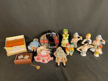 Doll Lot to include 5 Pin Cushion Dolls, 3 Small Dolls, Doll Suitcases and More