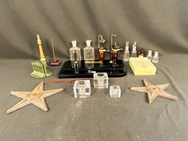 Antique Mixed Lot to include Iron Stars, Miniature Apothecary Bottles, Desk Pen