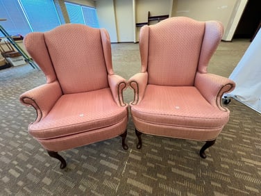 Quality Pair of Queen Anne Winged Chairs with Mahogany Feet, Salmon Upholstery