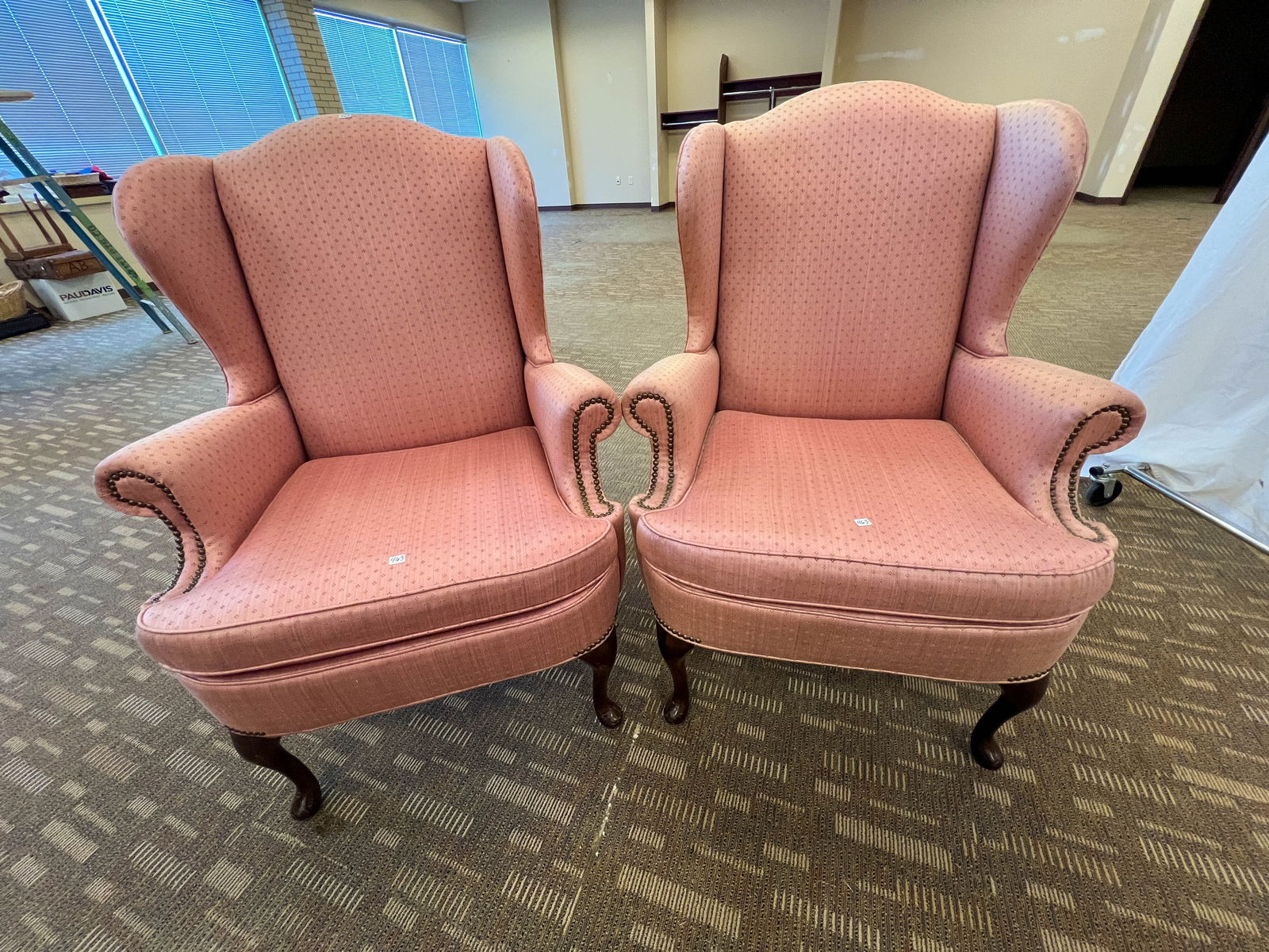 Quality Pair of Queen Anne Winged Chairs with Mahogany Feet, Salmon Upholstery (1 of 3)