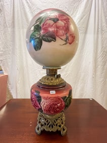 Floral Rose Painted Two-Part Gone with the Wind Lamp with Fancy Base