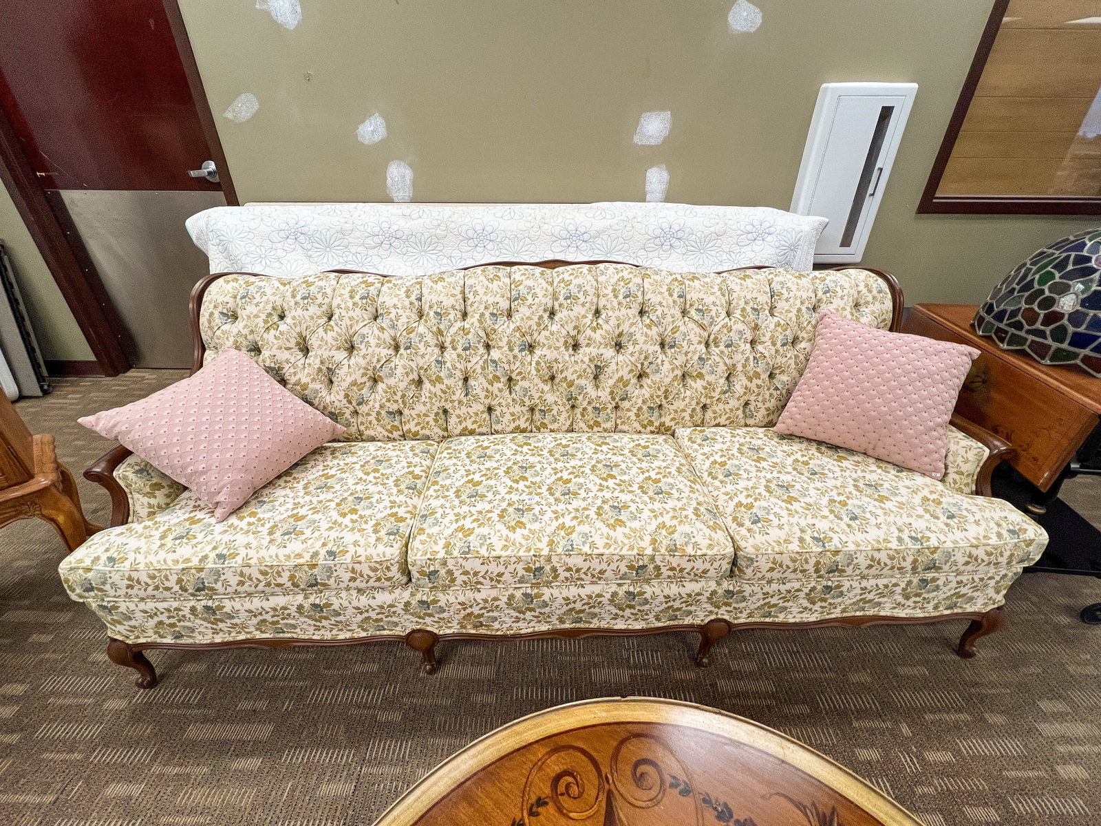 3 Cushion Button Tufted Country French Gold and Blue Upholstered Sofa (1 of 4)