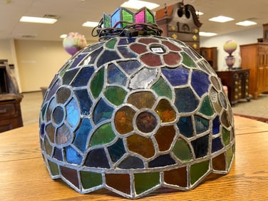 Large 1970s Contemporary Leaded Glass Hanging Shade