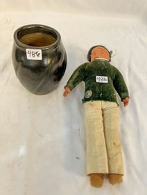 Black on Black SW Indian Pot Along with a SW Indian Doll