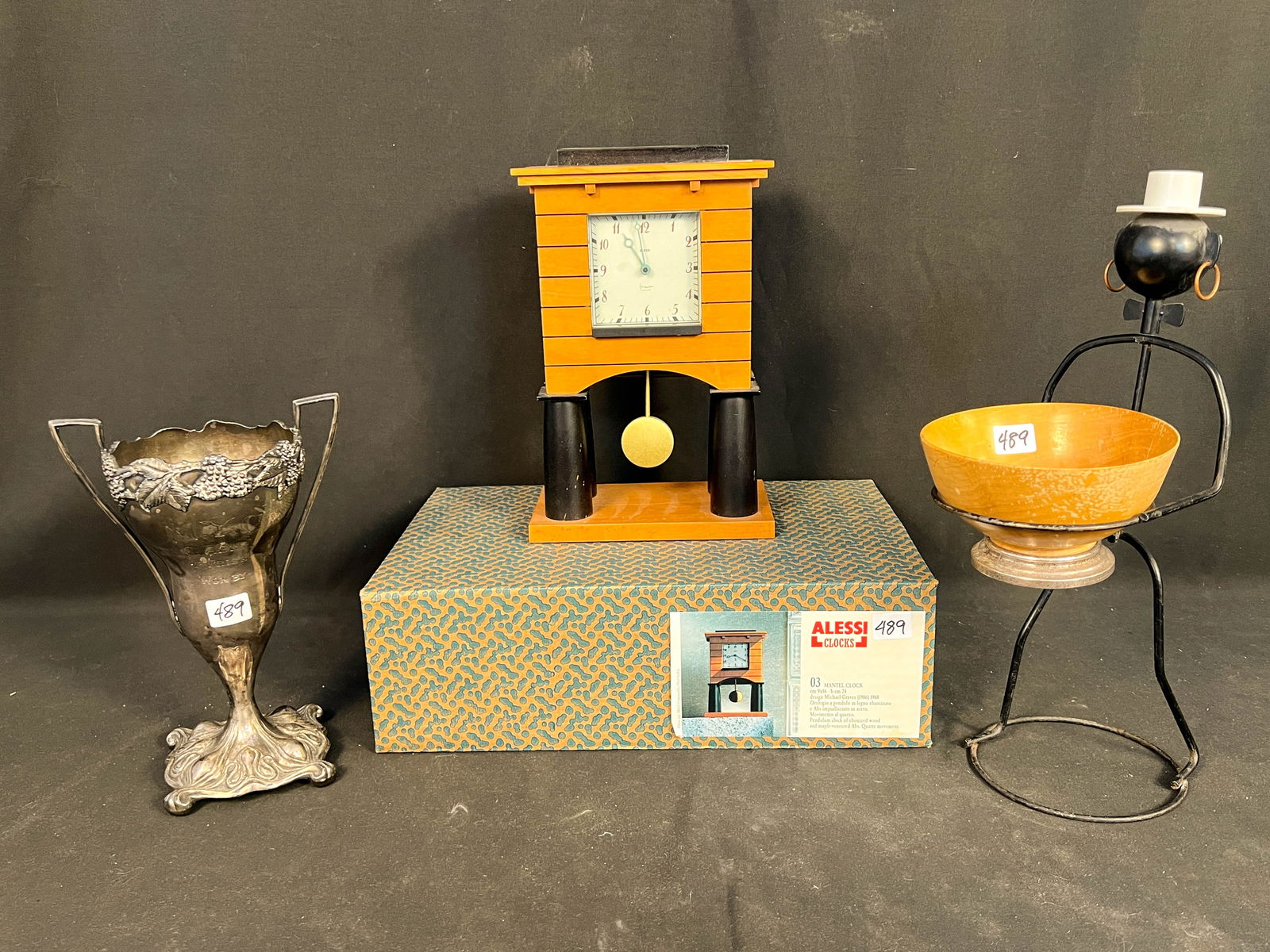 Contemporary Michael Graves Mantel Clock, Milwaukee Yacht Club Art Nouveau Silver: Contemporary Michael Graves Mantel clock, Milwaukee Yacht Club Art Nouveau silverplate trophy, and a 1950s wire figural dip server with wooden bowl