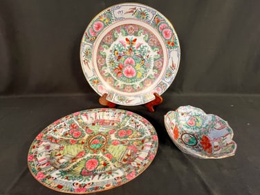 Rose Medallion Oriental China Platter, Charger, and Bowl Depicting Birds, Geisha