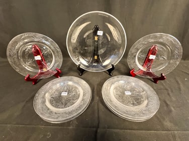 Group of Ten Floral Cut Crystal Plates and a Crystal Bowl all Signed Steuben