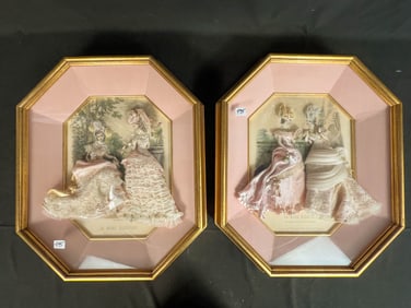 Pair of Framed Victorian Fashion Prints - 3-Dimensional Dresses
