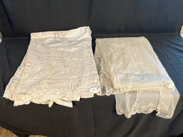 Antique Hand Crocheted Fancy Top Tablecloth, Elaborately Embroidered Coverlet