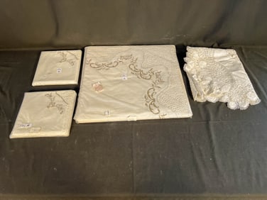 Embroidered Linen and Crochet Work Tablecloth 3 yards long, 12 Napkins, Runner