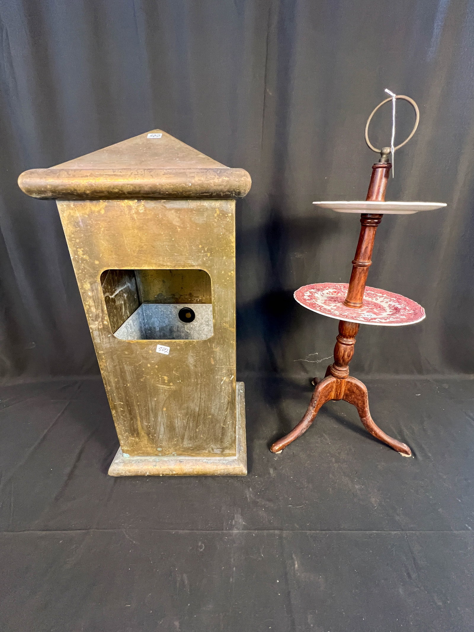Turn of the Century Brass Floor Standing Cigar Waste Container, 2-Tier Plate Stand: Turn of the Century brass floor standing cigar waste container along with 2-tiered petite plate stand