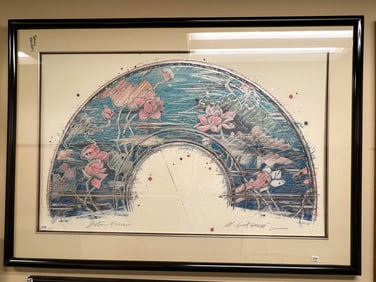 Large Watercolor with Textured Embossed Silver Markings Titled 'Lotus Fan'