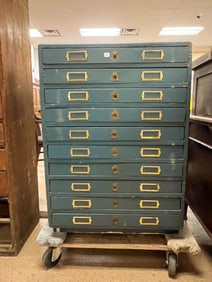 Antique Printers Chest, Blue Painted with 10 Drawers
