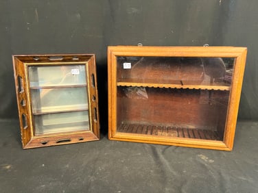 Two Antique Wall Hung Wooden Spoon Holders with Glass Front
