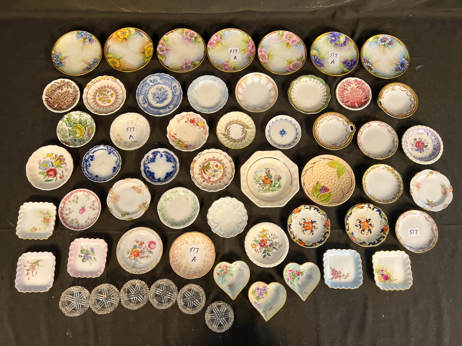 Huge Lot of China Butter Pats (48 in Total) and 6 Cut Crystal Salt Cellars: Huge lot of China butter pats (48 in total) French & English along with 6 cut crystal salt cellars