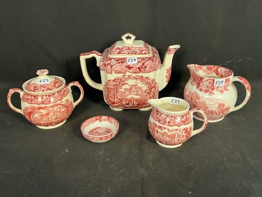 Antique Red Transferware Tea Set by Mason's and Woods Ware England