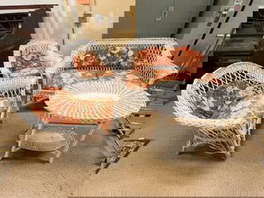 5-Piece Antique White Wicker Conversation Patio Set