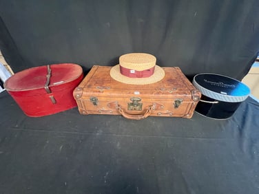 Lot to include a Leather Suitcase (24" x 13" x 6"), 2 Hat Boxes and a Hat