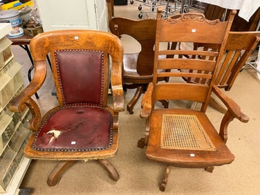 Two Antique Swivel Chairs, One with a Cane Seat, and One Oak Swivel