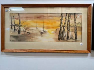 E. Van Hercke Watercolor Depicting Birch Trees on Water at Sunrise