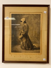 Signed R. De Los Rios Etching Circa 1880-1890 of a Woman Praying
