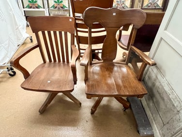 Two Oak Swivel Chairs; One is a Shield Back, the Other is a Slat Back