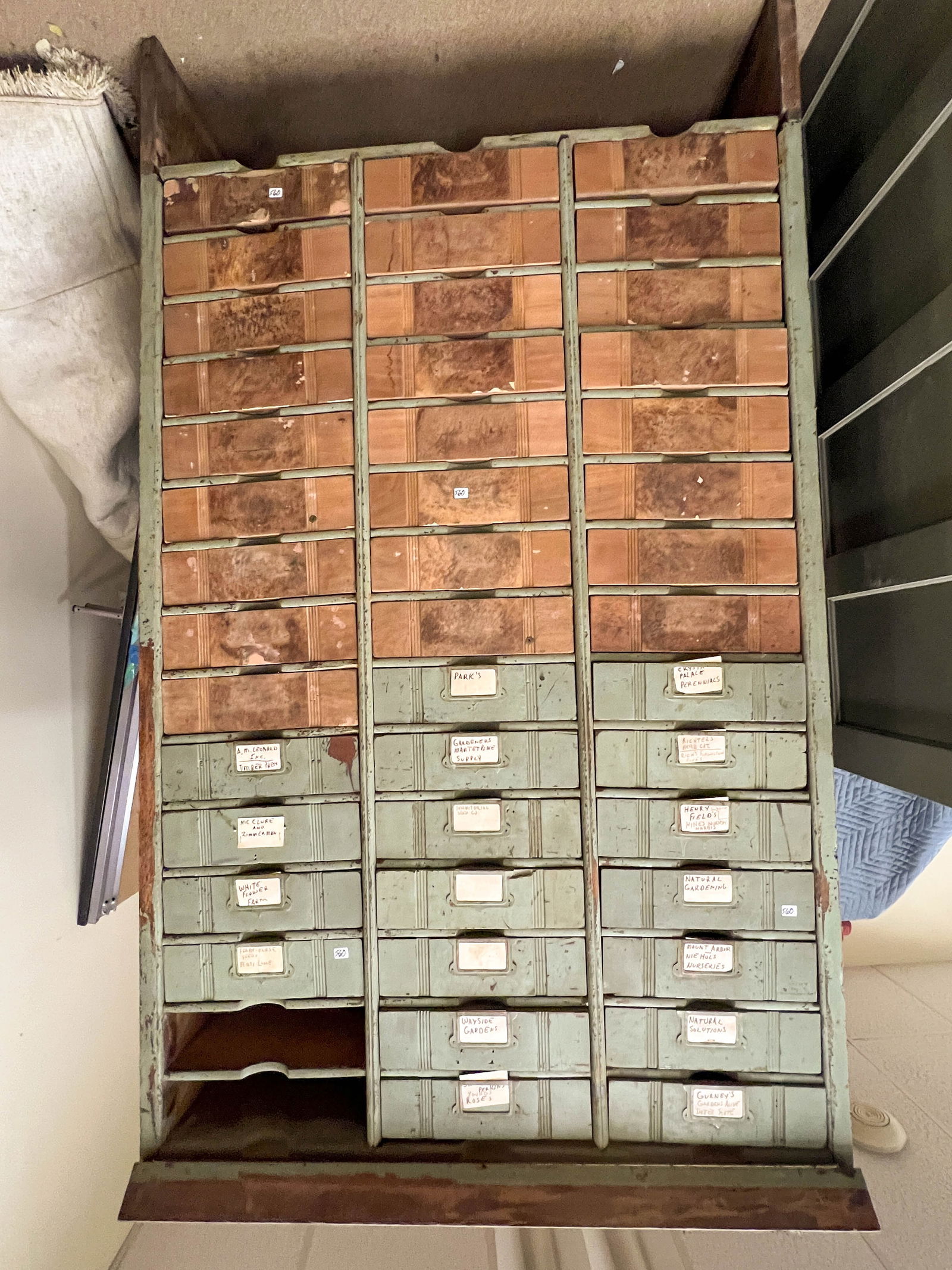 Antique 45-Drawer Cabinet: Antique 45-drawer cabinet. Measures 76" tall by 43" wide by 12.5" deep